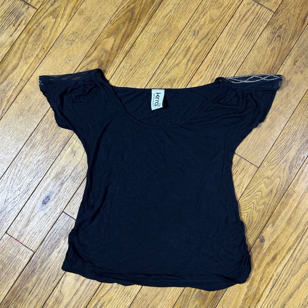 Kirra Black Rayon Top Sheer Mesh Y2K Chain Shoulder Detail Ruched Sides XS